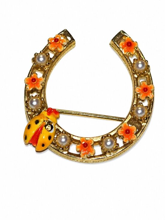 ART Jewelry - Vintage 1960s ART Ladybug Pearl Floral Horseshoe Golden Brooch